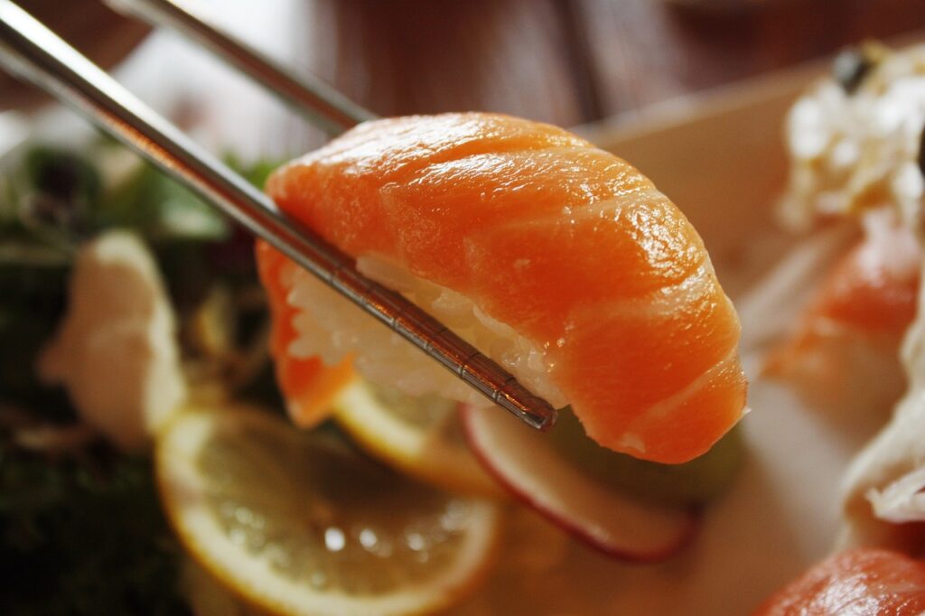 salmon, sushi, restaurant, japanese, plate, dining, dining table, food, soy sauce, episode, sushi, sushi, sushi, sushi, sushi